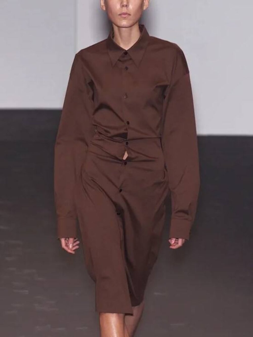 Jil Sander SS01 Runway Brown Cotton-Poplin Midi Shirt Dress